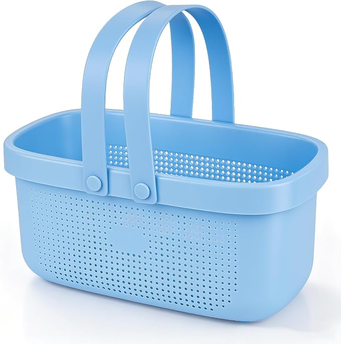 Portable Shower Caddy Basket with Handles Plastic Storage Basket Blue | Sturdy Drainage Large Capacity Organizer Basket with Silicone Handles for Bathroom Kitchen Bedroom College Dorm Essentials by JiatuA