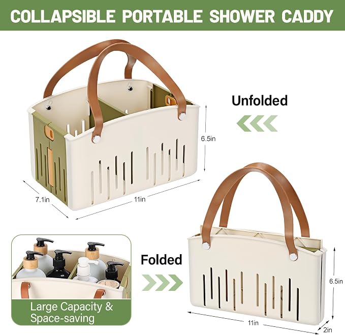 Portable Shower Caddy Collapsible Plastic Shower Basket Tote with Handles Removable Divider, Cleaning Caddy Storage Organizer for Bathroom College Dorm (Green) - Image 2