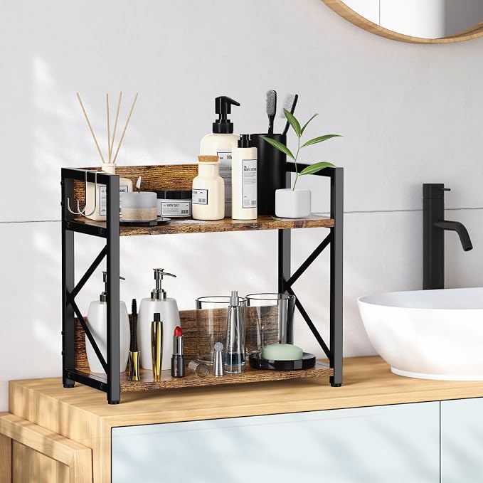 RUILALIFE Coffee-Bar-Station-Organizer Shelf for Countertop, 2 Tiers Kitchen Counter Shelf Riser, Wooden Spice Rack Organizer, Coffee Bar Accessories(Rustic Brown, Large) - Image 6