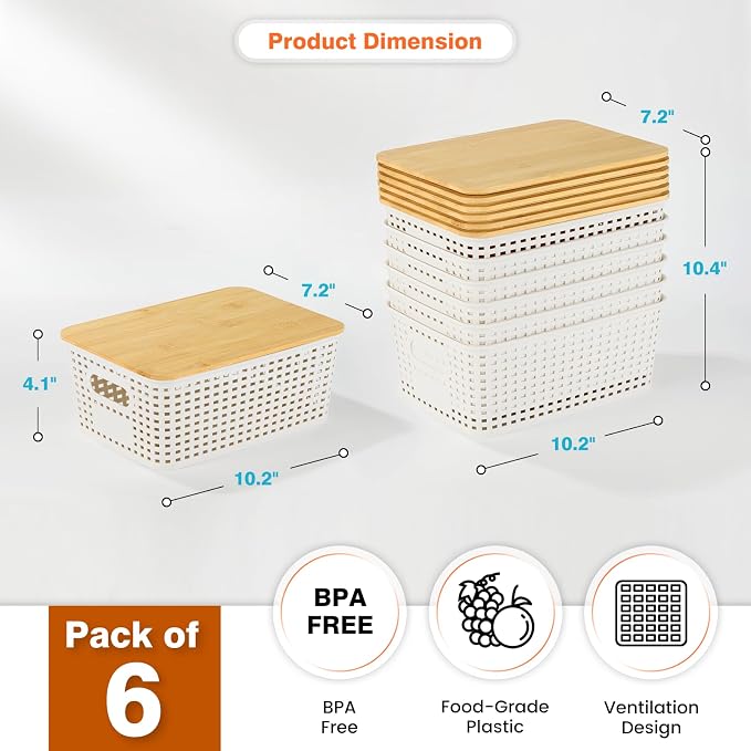 Ohmlove 6 Pack Plastic Storage Baskets with Bamboo Lids for Organization | Stackable Storage bins, Storages Baskets for Organizing Shelves Drawers Desktop Closet Playroom Classroom Office, Cream White - Image 2