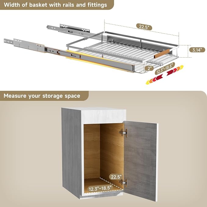 12.3~18.5"x22.5" Pull Out Cabinet Organizer，1Pack Expandable Sliding Cabinet Shelves，Side Mounting - Image 2