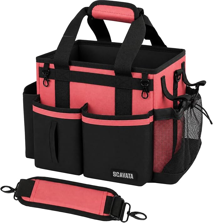 SCAVATA Compact Wearable Cleaning Caddy with Handle & Shoulder Straps | Small Cleaning Supplies Organizer, Under Sink & Car Cleaning Tools Storage Bag for Housekeepers Cleaners, Coral Pink by Tidyyourlife