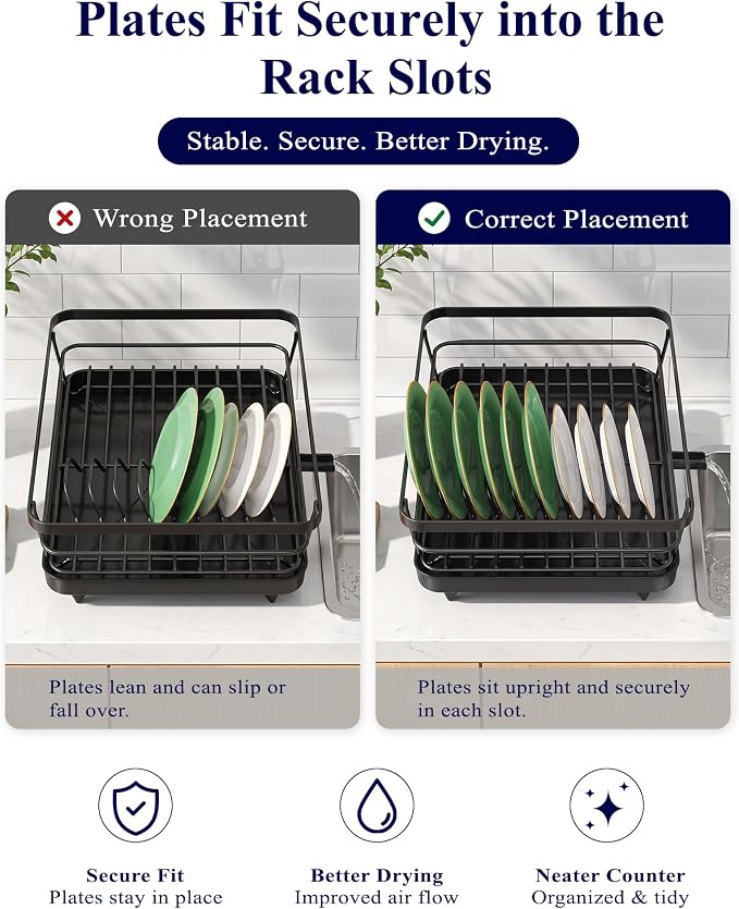 Kitsure Dish Drying Rack for Kitchen Counter, 12''W x 15.5''L, Black | Stainless Steel Sink Organization, Cutlery Holder, Home and Appartment Decor - Image 7