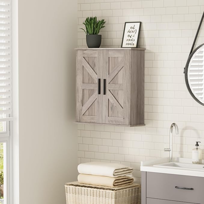 Homleke Bathroom Wall Cabinet, Medicine Cabinet with Adjustable Shelves | 3-Tier Wall Mounted Over Toilet Storage with Barn Doors, for Bathroom, Kitchen, Entryway, Laundry Room, Greige, (7.9" D) - Image 8