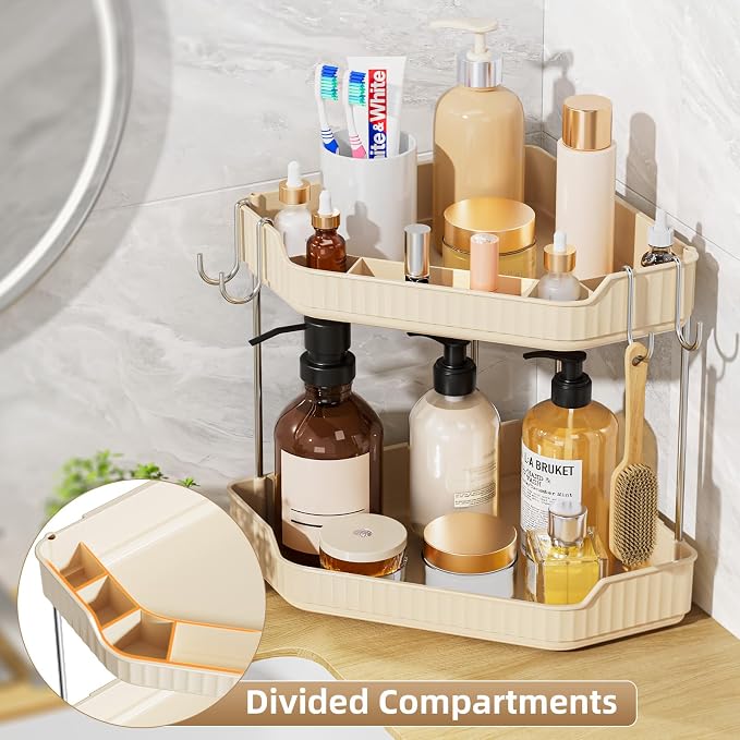 VITVITI 2 Tier Corner Bathroom Counter Organizer, Bathroom Countertop Organizer Storage for Sink, Plastic Makeup Organizer for Vanity Countertop Kitchen with Hooks, Clear, Cream White - Image 4