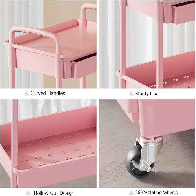 4 Tier Rolling Utility Cart with Drawer, Plastic Storage Organizer Rolling Carts with Wheels Handles Hanging Cups Hooks for Office, Bathroom, Kitchen,Craft Art Room (Pink) - Image 5