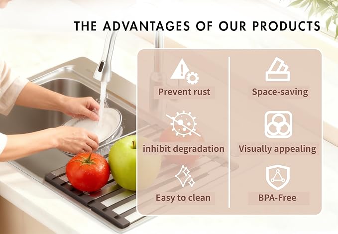 Over the Sink Kitchen Dish Drying Rack Organizer | Stainless Steel Collapsible Non-Slip Space-Saving [19.69*12.8IN] - Rust-Resistant Heat-Resistant Sturdy - Easy to Clean - Image 8