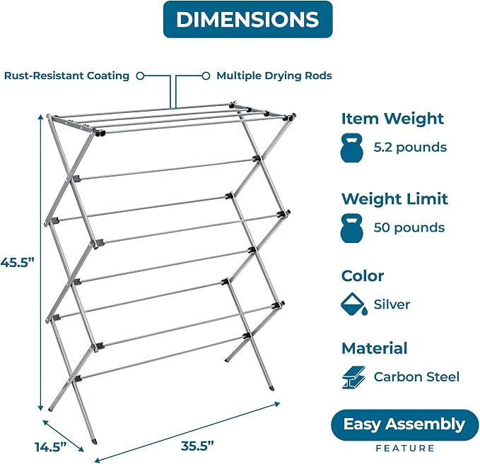Honey-Can-Do Oversized Collapsible Clothes Drying Rack, 35", 50 lb, Grey | Oversized 35" x 45" steel rack holds 50 lb and folds flat for storage. Air-dry a full load indoors or outdoors. - Image 7