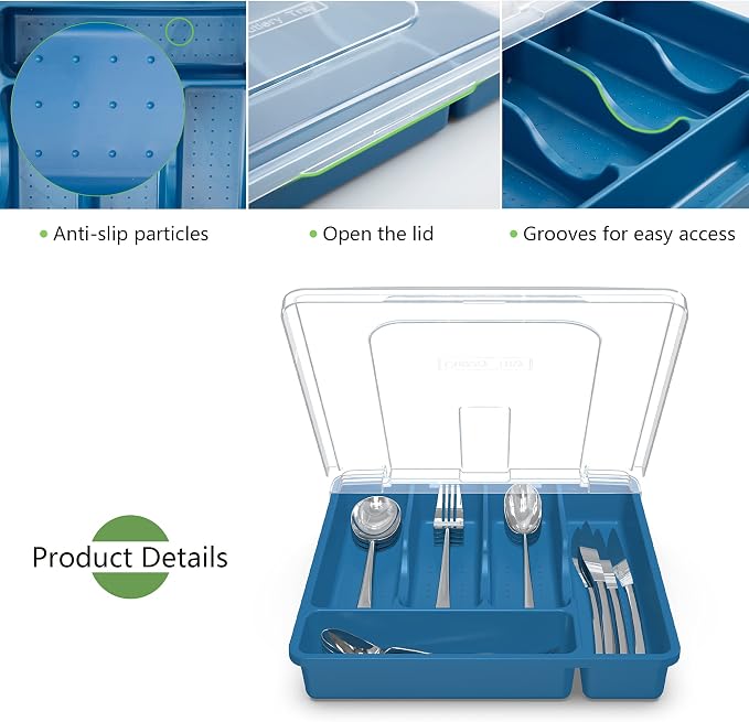    , Plastic Silverware Tray for Drawer, 5 Compartments Utensil Holder for Countertop, Navy Blue - Image 3