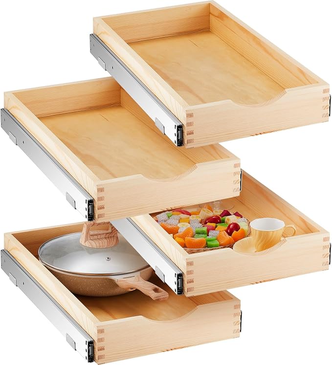 Sintuff 4 Pack Wooden Pull out Tray Cabinet Organizer Gentle Close Roll out Shelves for Kitchen Cabinets Fully Assembled Slide Pantry Shelves (12'' X 21'') by Sintuff