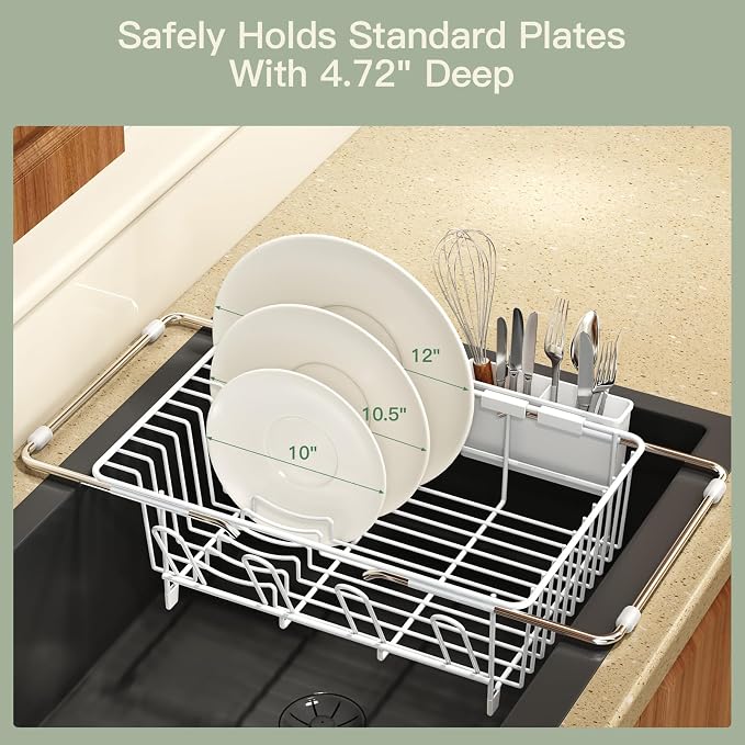 White Dish Drying Rack Over Sink with Utensil Holder, Drainboard | Expandable Stainless Steel Dish Drainer for Small Kitchen, Apartment, RV, Counter Space Saving, Perfect Fit, Rustproof - Image 8