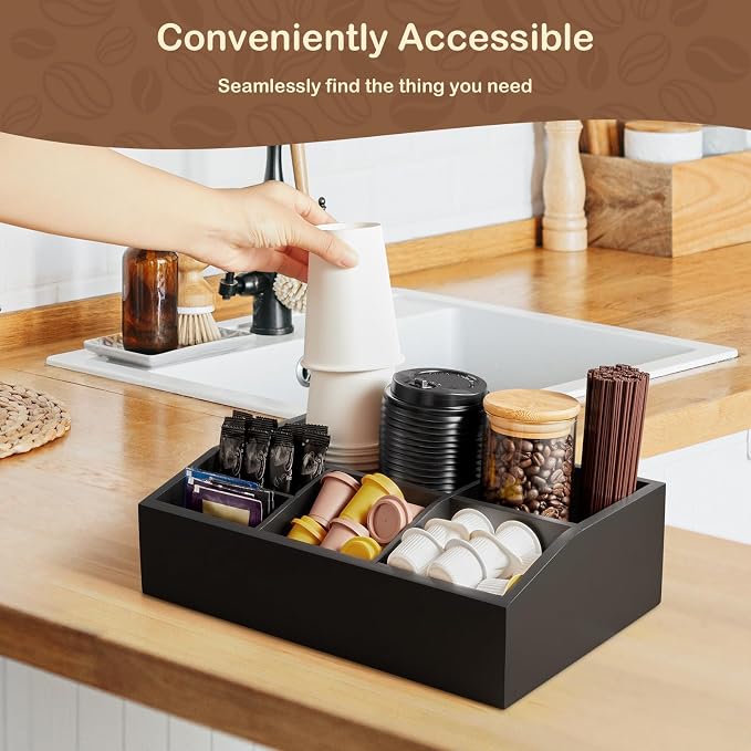 Black Coffee Station Organizer for Countertop, Coffee Bar Accessories and Organizer, Coffee Pod Holder Storage Basket for K Cup Sugar Tea - Image 4