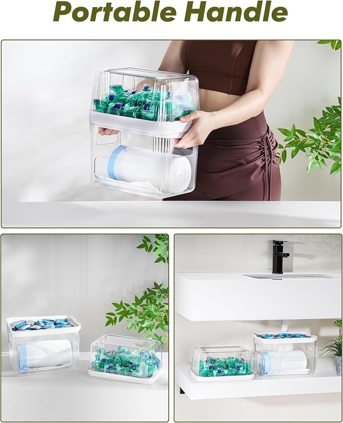 iCASA Trash Bag Dispenser Dishwasher Pods Container Under Sink Organizer | 3 in 1 Stackable Trash Bag Holder Garbage Bag Dispenser for 13/30/33 Gallon Bags, Clear Storage Bins Laundry Pods Container - Image 6