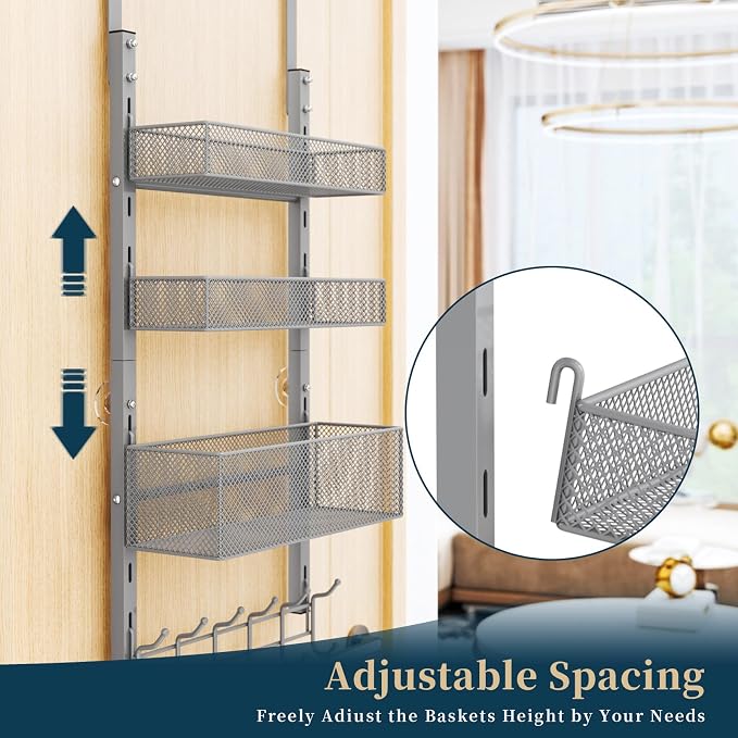 Consumest Over The Door Hooks Organizer - 4 Tier Door Coat Rack with 3 Baskets & 12 Hooks, Stainless Steel Towel Hanger for Bedroom, Bathroom, Living Room, Silver - Image 2