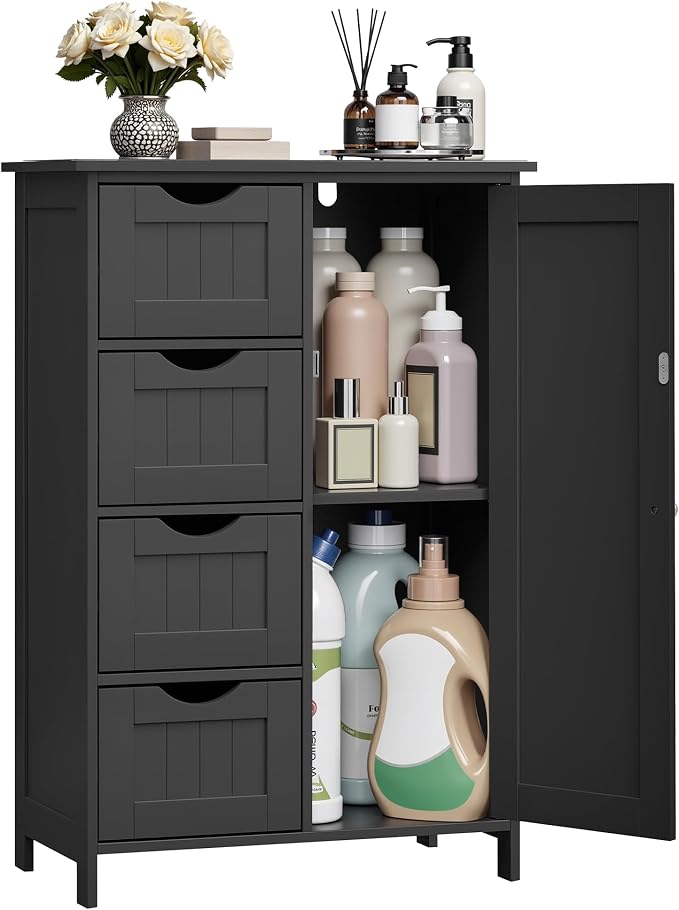 VASAGLE Storage Cabinet with Drawers, Freestanding Floor Cabinet with Door, 11.8 x 21.7 x 32.3 Inches, Adjustable Shelf, for Bathroom, Living Room, Kitchen, Ink Black ULHC041BH01S by Unknown