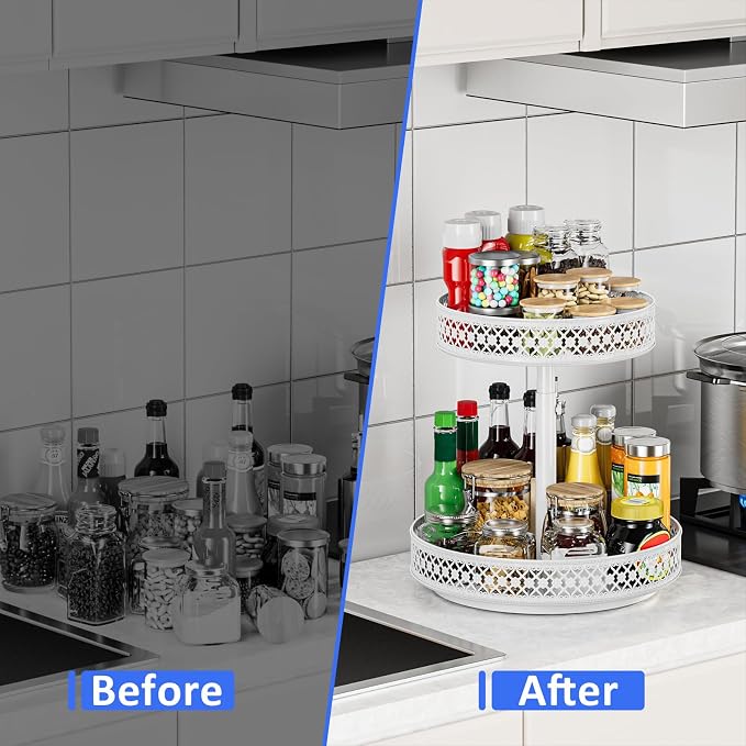 2 Tier Lazy Susan Organizer - Adjustable Rotating Spice Rack 12 inch | Floral Turntable Lazy Susan for Cabinet Pantry Kitchen Countertop Table Top Cupboard Bathroom Vanity Storage Metal White - Image 4