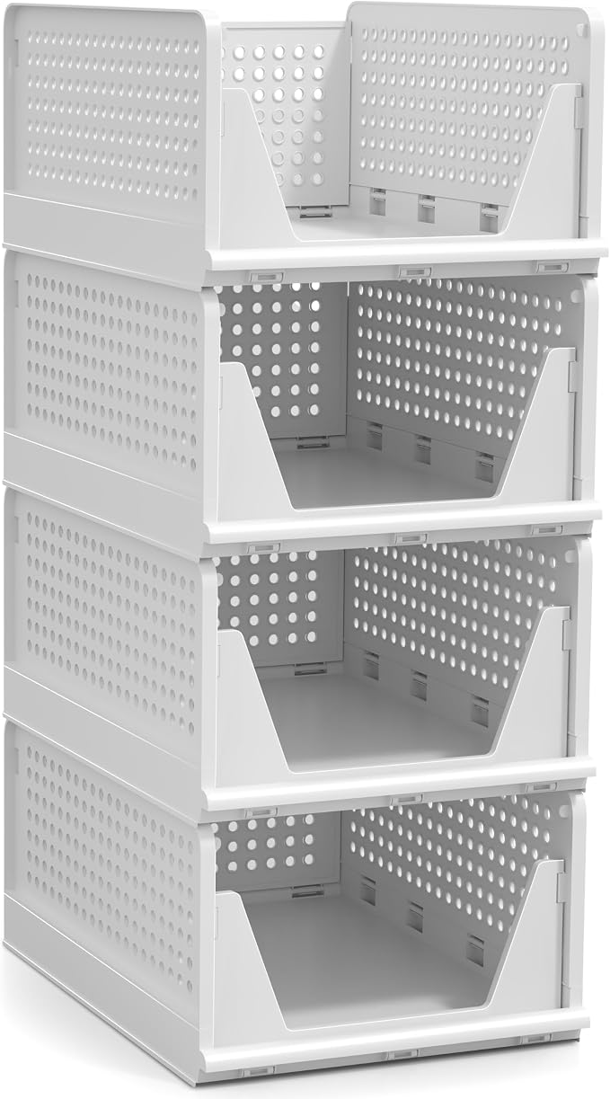 Sorbus 4 Pack Medium Shelf Organizer with Open Front Design Under Shelf for Closet Bathroom Kitchen Garage Plastic Stackable Storage Baskets - Image 8