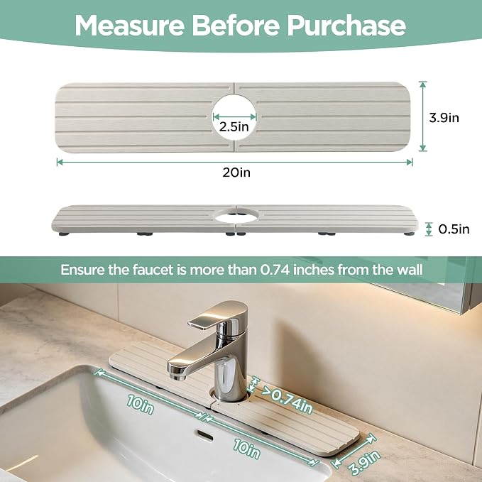 NiuYichee Faucet Mat for Kitchen Sink, Water Absorbing Diatomite Stone Tray | 19.6" x 3.9" Sink Coaster for Bathroom Counter, Stone Drying Mat, Sink Splash Guard, Fast Drying-Prevent Moisture, Pale Gray - Image 2
