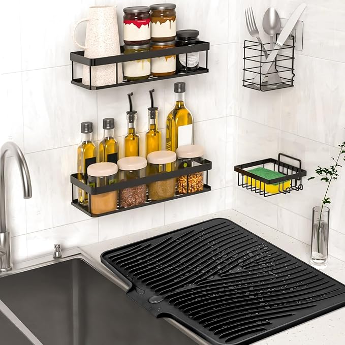 TIKNIK Silicone Dish Drying Mat for Kitchen Counter, Black-1pc, 20" x 15" | Heat Resistant & Non-Slip Dish Drain Pad with Built-In Drain, Dishwasher Safe, Quick-Dry, Hangable & Roll-Up for Storage - Image 6