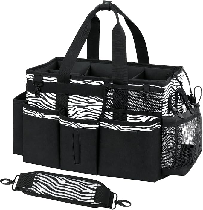 SCAVATA Wearable Cleaning Caddy, Cleaning Caddy Supplies Organizer with Handle & Shoulder Straps for Housekeepers, Under Sink & Car Cleaning Tool Organizers Bag with 4 Foldable Divider (ZebraStripe) by Tidyyourlife