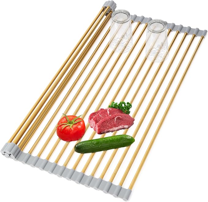 Golden Roll-UP Dish Drying Rack-Large Stainless Steel Dish Drainer Over The Sink for Kitchen Countertop, Applicable for Sink Width Less Than 16.5in (Gold,17.8'x 15.7') by HAYAWEY