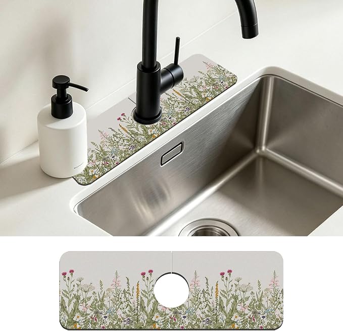 Faucet Mat for Kitchen Sink Watercolor Floral Herbs Sink Splash Guard Behind Faucet Soft Diatom Mud Material Non-slip Easy to Clean for Bathroom & Kitchen 15"X5.5" by Unknown