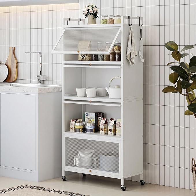 GIANTEX 5-Tier Kitchen Storage Cabinet, 4 PC Doors, Rolling Wheels (White) | Mobile Metal Pantry Cabinet with 4 Hooks & Adjustable Feet, Baker's Rack Microwave Stand for Dining & Living Room - Image 2