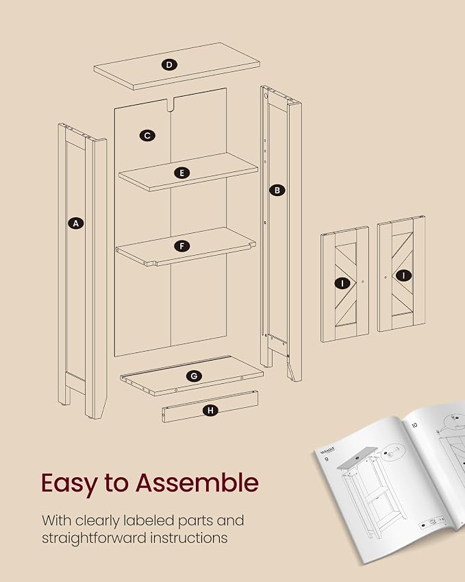 VASAGLE LIRY Collection - Storage Cabinet, Farmhouse Floor Cabinet, Freestanding Storage Organizer for Bathroom Kitchen Entryway, Adjustable Shelf, Cloud White and Rustic Brown UBBK313W101S - Image 6