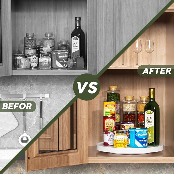 White Lazy Susan for Table, 12 Inch Non-Skid Bamboo Turntable Organizer | Salt Pepper Spices and Olive Oil Next to Stove, Wooden Lazy Susan Organizer for Kitchen Countertop Organizer - Image 4