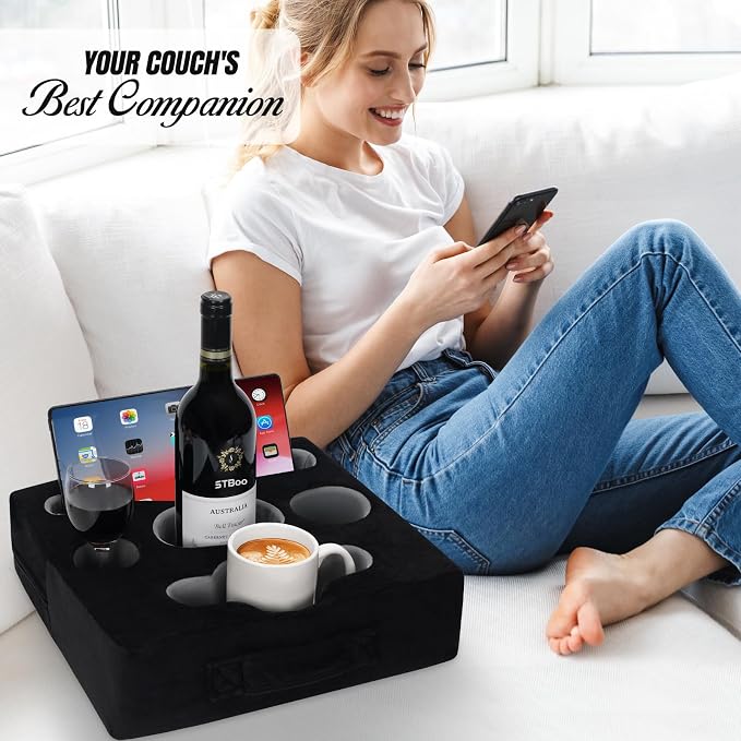 Couch Cup Holder Pillow Tray - Sofa Drink Cup Holder Cozy Buddy | Bed Caddy Organizer for Remote, Snacks Beverage, Phones, Tablet | Use it on Car, Pack, Beach, RV, Boat, Bedroom (Black) - Image 6