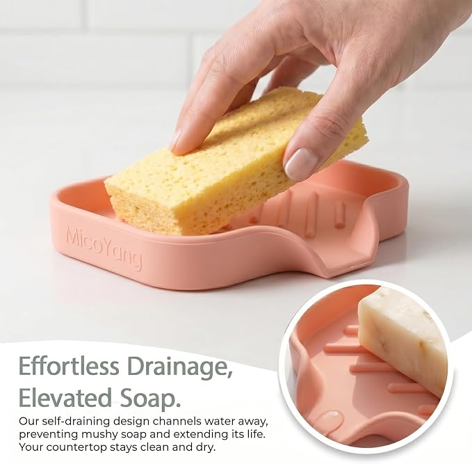 MicoYang Silicone Soap Dish with Drain Spout, Self-Draining Sink Organizer Tray for Bathroom and Kitchen, Sponges, Dispensers and Soap Holder, Non-Slip and Dishwasher Safe, Pink (Compact, 4.9"×3.2") - Image 7