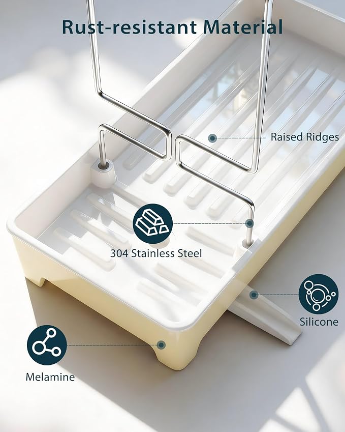 Minimalist Sink Caddy, Rustproof Sponge Holder for Kitchen Sink Yellow | Large Rustproof countertop organizer with 304 stainless steel brush holder, raised ridges and silicone drain tube - Image 7