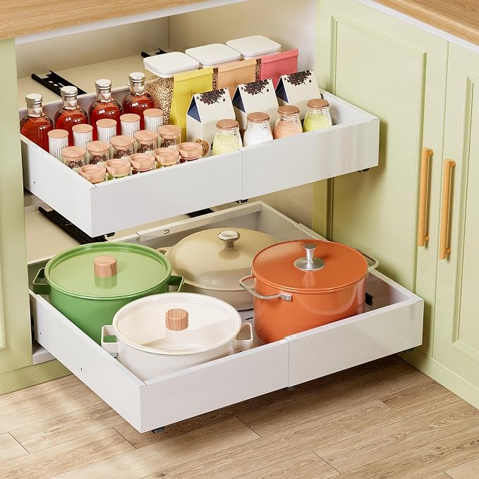 Dayacoco 2Pcs Dayacoco Pull Out Cabinet Organizer, Expandable Width (11.4"-19.4") and Depth (16.7"-21.4") With 3 Rails, Slide out Drawers for Kitchen Base Cabinet Organization, No Drill, White by Dayacoco