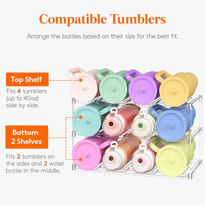 Lifewit Stackable Bottle Storage Organizer, Clear Freestanding Wine Holder for Cabinet, Large Slot Water Bottle Tumbler Cup Organizer for Pantry, Plastic Wine Rack for Fridge Cellar, 3Tier Hold 12 - Image 4
