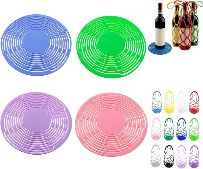 Multi-Use Silicone Storage Bag & Organizer,Multifunctional Mesh Coaster,Silicone Wine Carrier,Reusable, Foldable, Portable Coaster for Wine Bottles, Cans, Cups, Hot Dishes,and Beverages(4PCS-b) by Unknown