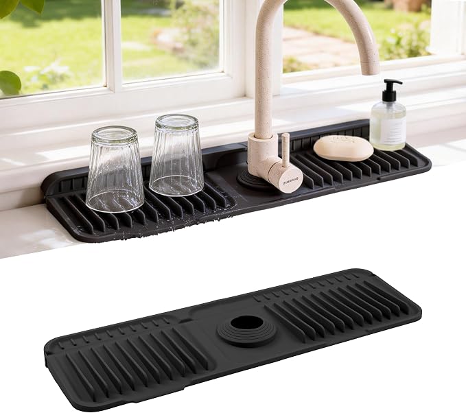 ZJWZLG Faucet Mat for Kitchen Sink, 17.7"X5.5" Silicone Sink Splash Guard , Snap-On Design & 7°slope Fast Drain, Folding Sink Faucet Mat for Universal Kitchen Bathroom Sink(Black) by ZJWZLG