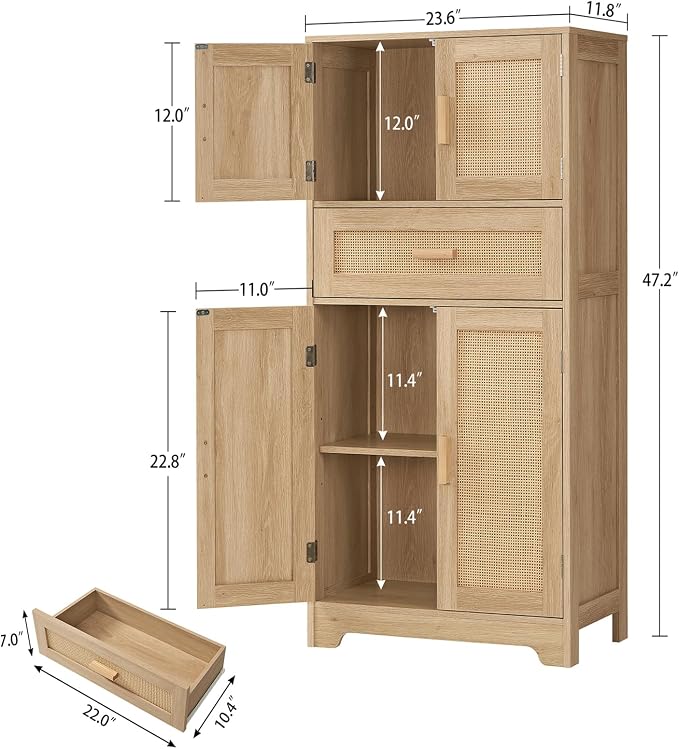47.2" H Tall Storage Cabinet with Adjustable Shelf, Rattan Cabinet, Cupboard for Living Room, Dining Room, Entryway, Home Office, Natural - Image 3