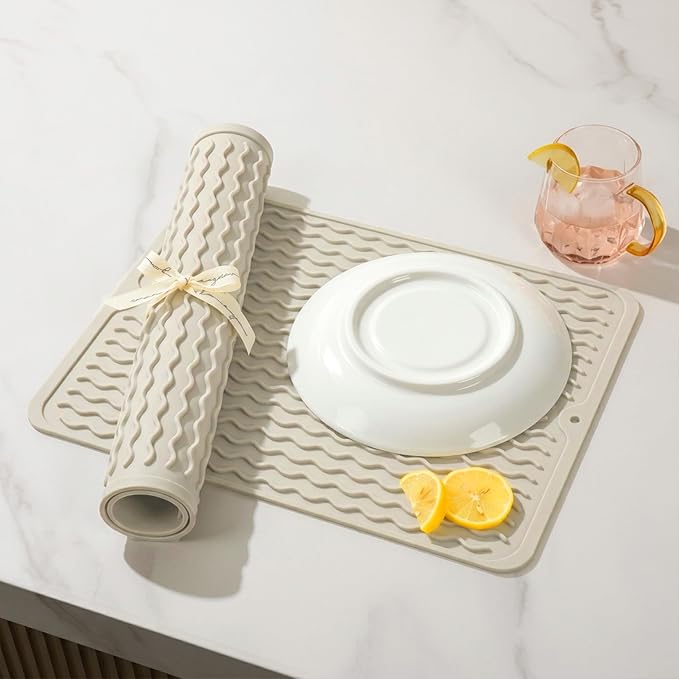 2 Pack Caketime Silicone Dish Drying Mat for Kitchen Counter Dining Placemats Shower Caddy Refrigerator Liners Essentials Heat Resistant Waterproof Trivets Pad Coffee Bar Items 15"x11.5" Milk - Image 2