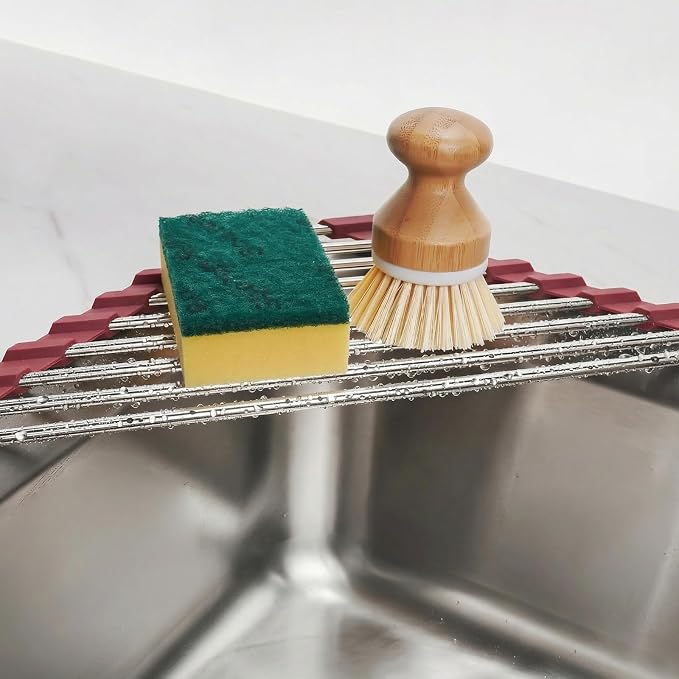 Tomorotec Triangle Roll Up Dish Drying Rack 304 Stainless Steel Wine Red | BPA-Free Food-Grade Silicone Edges Foldable Waterproof Rustproof Heavy-Duty Space Saver Heat Resistant to 550°F - Image 3