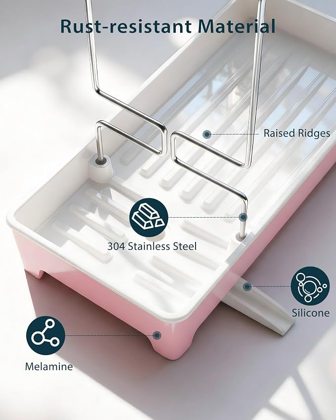 Minimalist Sink Caddy, Rustproof Sponge Holder for Kitchen Sink Pink | Large Rustproof countertop organizer with 304 stainless steel brush holder, raised ridges and silicone drain tube - Image 7