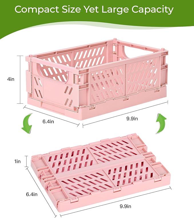 HUUSMOT 4-Pack Collapsible Plastic Storage Baskets, Pink, 9.8"x6.5"x3.8" | Pastel, Space-Saving, Collapsible Plastic Bins, Cute Mini Storage Crates, for Classroom, Kitchen, Office, Bedroom - Image 3