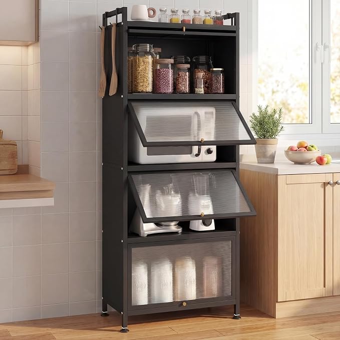 GIANTEX 5-Tier Kitchen Storage Cabinet, 4 PC Doors, Rolling Wheels, Black | Mobile Metal Pantry Cabinet with 4 Hooks & Adjustable Feet, 60" Baker's Rack Microwave Stand for Dining & Living Room - Image 2