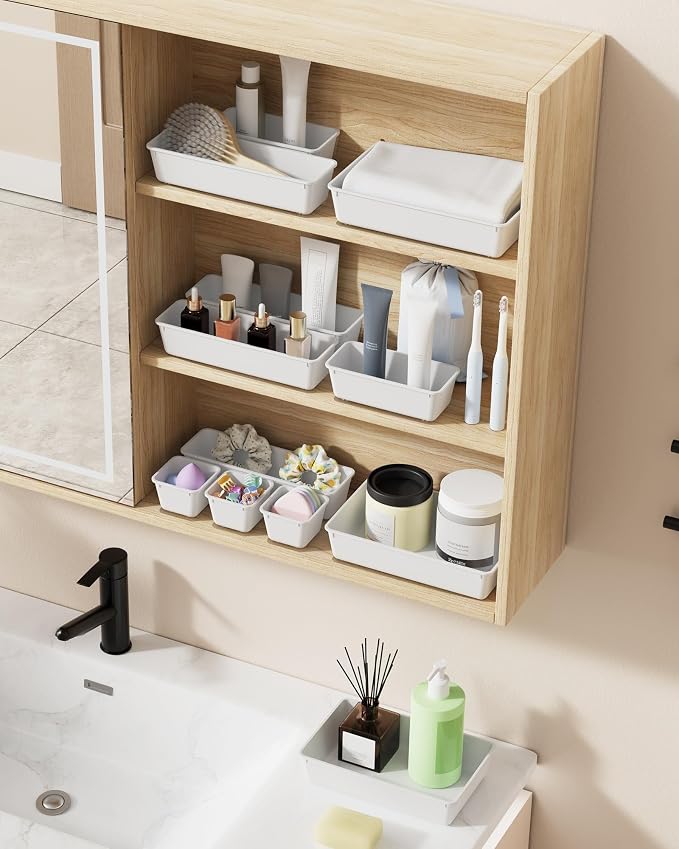 BiuLeon 25 PCS Plastic Drawer Organizers Set, 4-Sizes Vanity and Makeup Organizer, Desk and bathroom Drawer Organizer Trays, Organizers and Storage for Makeup, Jewelry, Gadgets, Utensils (White) - Image 6