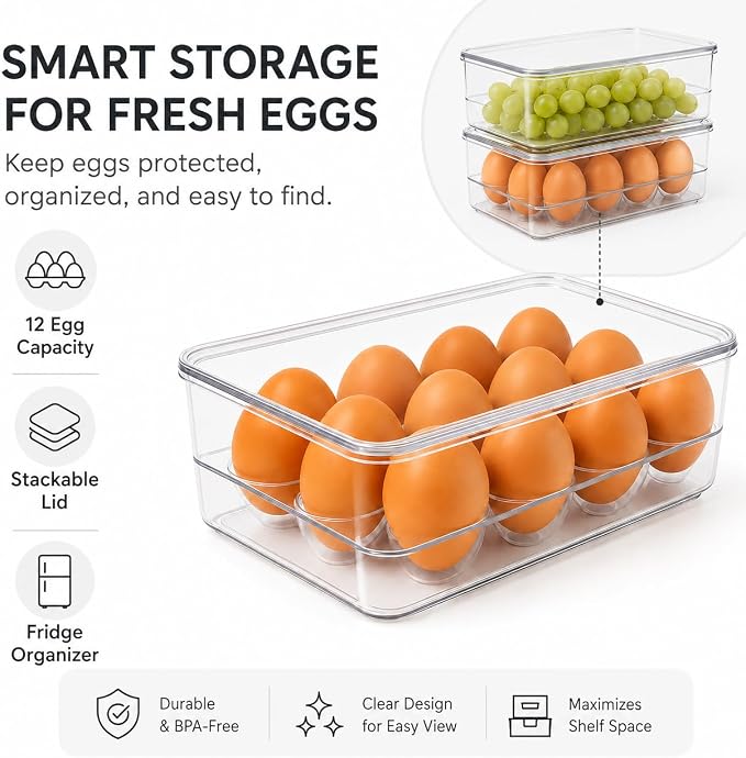 Dependable Industries inc. Essentials Stackable Plastic Egg Holder for Refrigerator with Lid – Clear 12 Count Fridge Egg Container, BPA Free Egg Storage Organizer Bin - Image 2