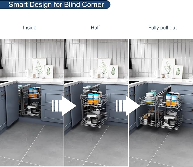 VADANIA Blind Corner Pull Out Organizer for 36" Cabinet, Soft Close | Reversible Left or Right Mount, 15.94" Opening, 2-Tier Pull-Out Basket, Soft Close - Image 5