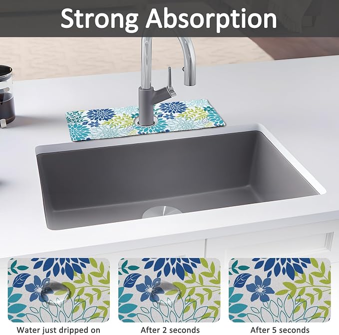 15" X 5.5" Kitchen Sink Splash Guard Faucet Mat Floral Super Absorbent Fast Drying Faucet Guard & Draining Mat Sink Splash Guard Behind Faucet for Kitchen, Bathroom - Image 3