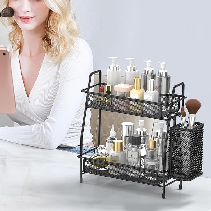 2-Tier Bathroom Countertop Organizer,Skincare, Makeup Countertop Organizers, Kitchen, Bathroom Counter Storage with Small Basket (Black) - Image 5