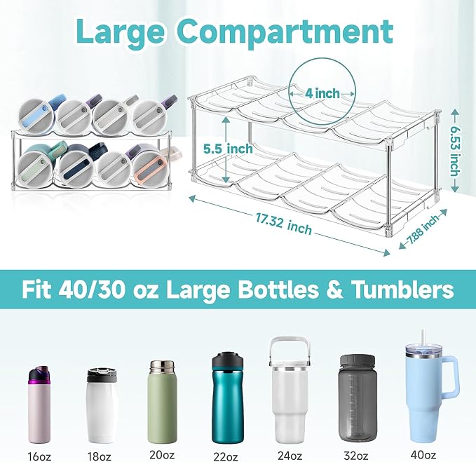 spospo Stackable Water Bottle Organizer Large Compartment Bottle Holder | Tumbler Organizer for Stanley 40 oz Cup, Kitchen Cabinet Storage Organizer for Stanley Cup Accessories, 2 Tier Hold 8 Bottle - Image 2