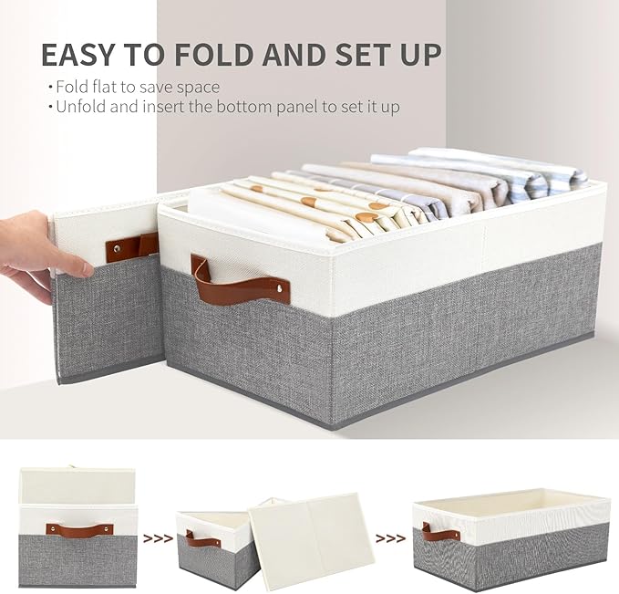 6 Pack Closet Storage Bins, Storage Baskets for Shelves | Linen Closet Organizers and Storage with Leather Handles for Clothes,Towels, Sheets, Jeans, Toys, Books (Grey and White) - Image 6