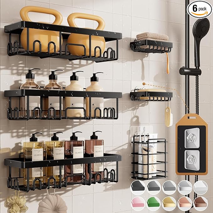 Veken Shower Caddy 6-Pack, Bathroom Organizers and Storage Shelves, Black | Advanced Rustproof Design, Large Capacity, No Drilling, Adhesive Rack with Soap Holder, Wall-Mounted Kitchen & Home Decor by Veken